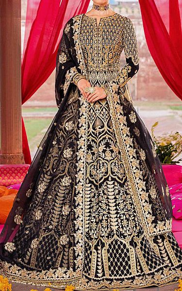 Akbar Aslam Black/Golden Net Suit | Pakistani Embroidered Chiffon Dresses- Image 1