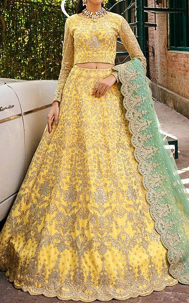 Akbar Aslam Pale Gold Net Suit | Pakistani Embroidered Chiffon Dresses- Image 1
