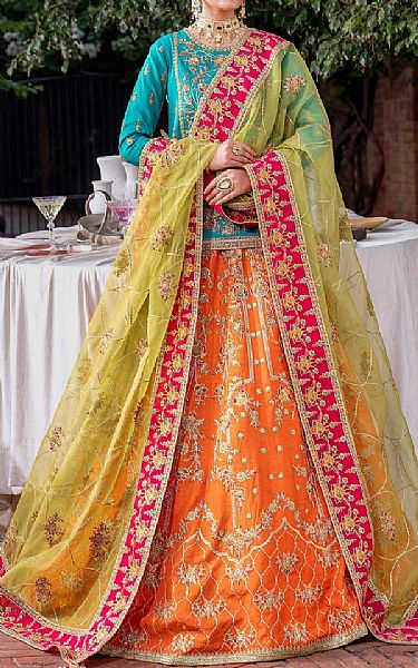 Akbar Aslam Multicolor Raw Silk Suit | Pakistani Embroidered Chiffon Dresses- Image 1