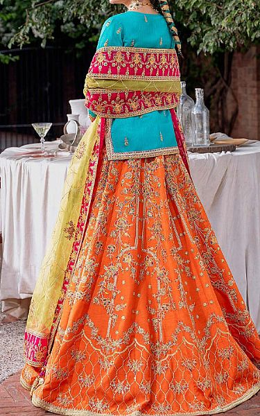 Akbar Aslam Multicolor Raw Silk Suit | Pakistani Embroidered Chiffon Dresses- Image 2
