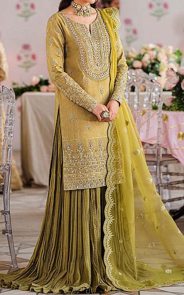 Akbar Aslam Olive Green Chiffon Suit | Pakistani Embroidered Chiffon Dresses USA- Image 1