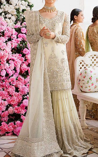 Akbar Aslam Off-white Chiffon Suit | Pakistani Embroidered Chiffon Dresses- Image 1
