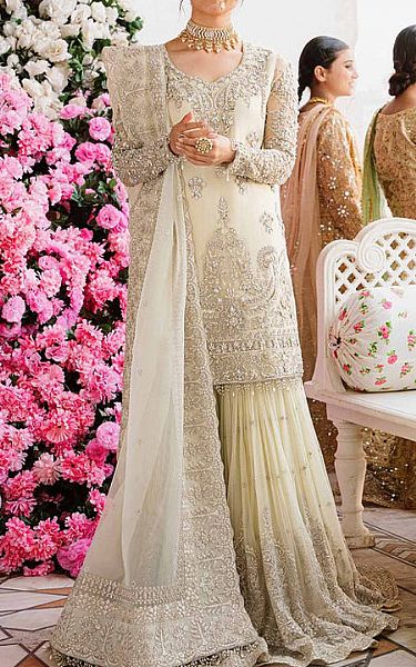 Akbar Aslam Off White Chiffon Suit | Pakistani Embroidered Chiffon Dresses USA- Image 1