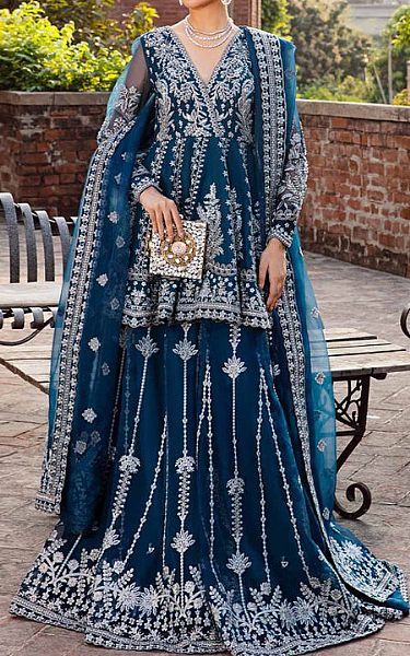 Akbar Aslam Navy Blue Organza Suit | Pakistani Embroidered Chiffon Dresses- Image 1
