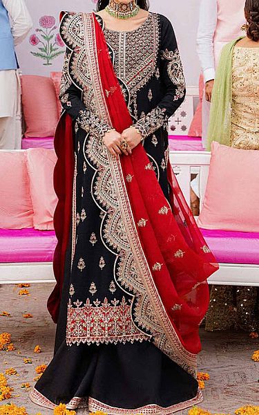 Akbar Aslam Black Raw Silk Suit | Pakistani Embroidered Chiffon Dresses- Image 1