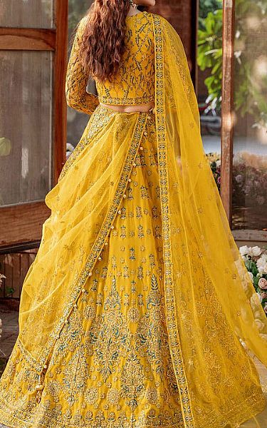 Akbar Aslam Mustard Net Suit | Pakistani Embroidered Chiffon Dresses- Image 2