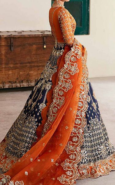 Akbar Aslam Safety Orange Raw Silk Suit | Pakistani Embroidered Chiffon Dresses- Image 2
