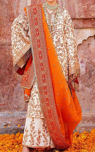 Akbar Aslam Off-white/Orange Chiffon Suit | Pakistani Embroidered Chiffon Dresses- Image 1