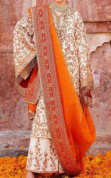 Akbar Aslam Off White/Orange Chiffon Suit | Pakistani Embroidered Chiffon Dresses USA- Image 1