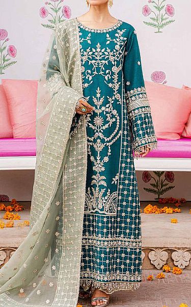 Akbar Aslam Teal Chiffon Suit | Pakistani Embroidered Chiffon Dresses- Image 1