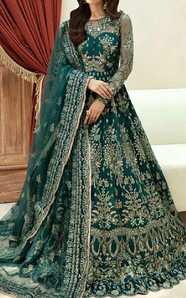 Akbar Aslam Teal Net Suit | Pakistani Embroidered Chiffon Dresses USA- Image 1