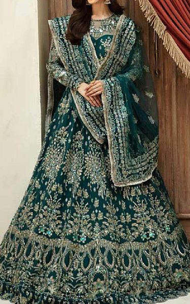 Akbar Aslam Teal Net Suit | Pakistani Embroidered Chiffon Dresses USA- Image 2