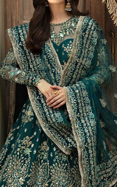 Akbar Aslam Teal Net Suit | Pakistani Embroidered Chiffon Dresses USA- Image 3