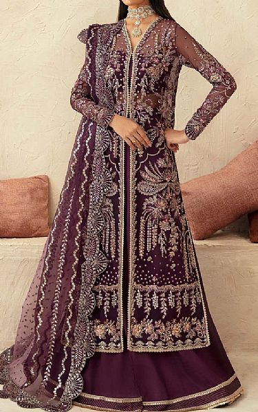 Akbar Aslam Egg Plant Organza Suit | Pakistani Embroidered Chiffon Dresses USA- Image 1