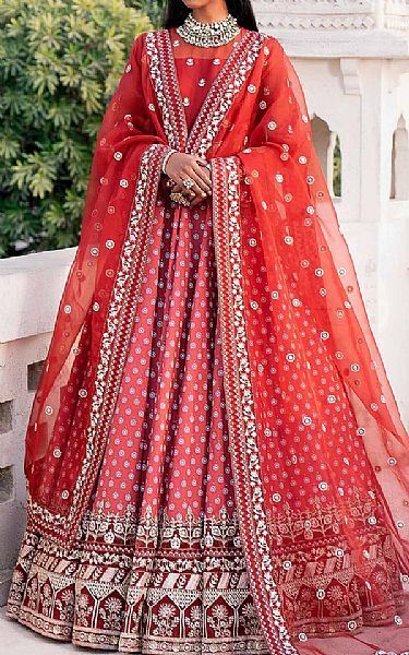 Akbar Aslam Red Silk Suit | Pakistani Embroidered Chiffon Dresses- Image 1