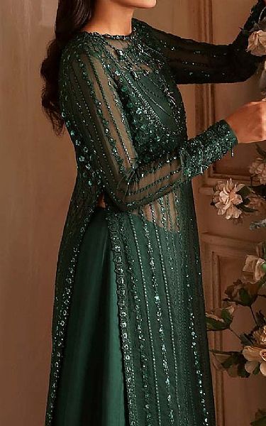 Akbar Aslam Bottle Green Organza Suit | Pakistani Embroidered Chiffon Dresses USA- Image 3