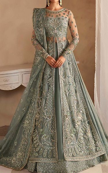 Akbar Aslam Sage Green Net Suit | Pakistani Embroidered Chiffon Dresses USA- Image 1
