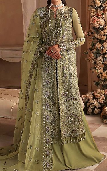 Akbar Aslam Olive Green Organza Suit | Pakistani Embroidered Chiffon Dresses USA- Image 1