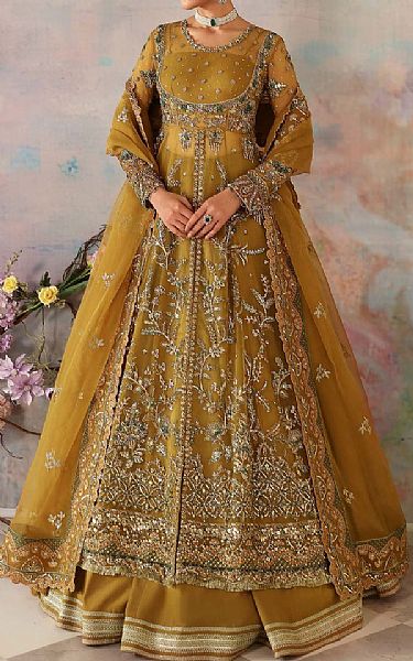 Akbar Aslam Satin Sheen Gold Organza Suit | Pakistani Embroidered Chiffon Dresses USA- Image 1