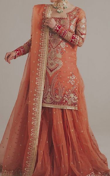 Akbar Aslam Sunrise Orange Organza Suit | Pakistani Embroidered Chiffon Dresses USA- Image 3