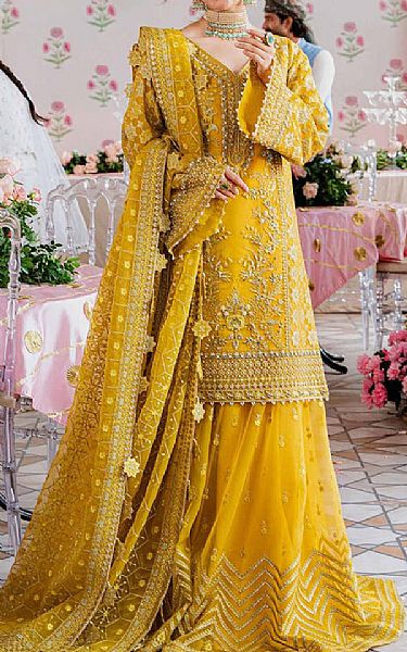 Akbar Aslam Mustard Organza Suit | Pakistani Embroidered Chiffon Dresses USA- Image 1