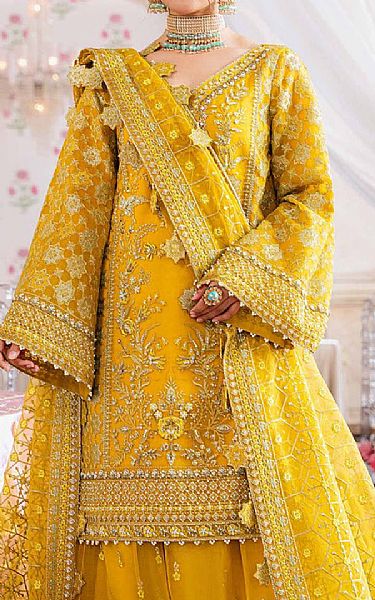 Akbar Aslam Mustard Organza Suit | Pakistani Embroidered Chiffon Dresses- Image 2