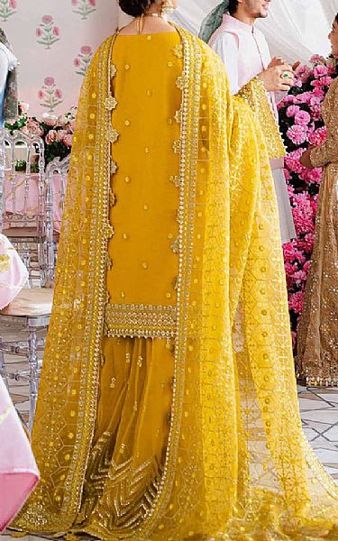 Akbar Aslam Mustard Organza Suit | Pakistani Embroidered Chiffon Dresses- Image 3