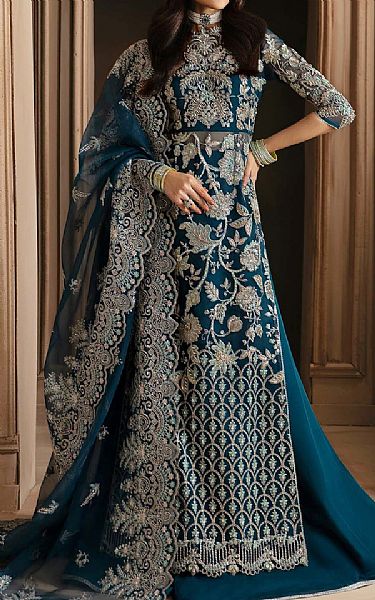 Akbar Aslam Prussian Blue Organza Suit | Pakistani Embroidered Chiffon Dresses USA- Image 1