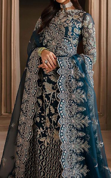Akbar Aslam Prussian Blue Organza Suit | Pakistani Embroidered Chiffon Dresses USA- Image 3