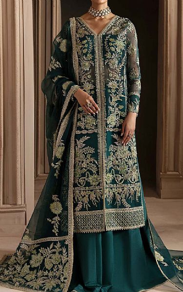 Akbar Aslam Teal Green Organza Suit | Pakistani Embroidered Chiffon Dresses USA- Image 1