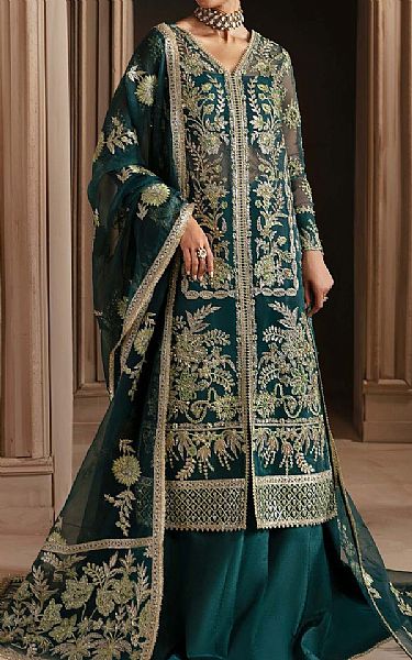 Akbar Aslam Teal Green Organza Suit | Pakistani Embroidered Chiffon Dresses USA- Image 2