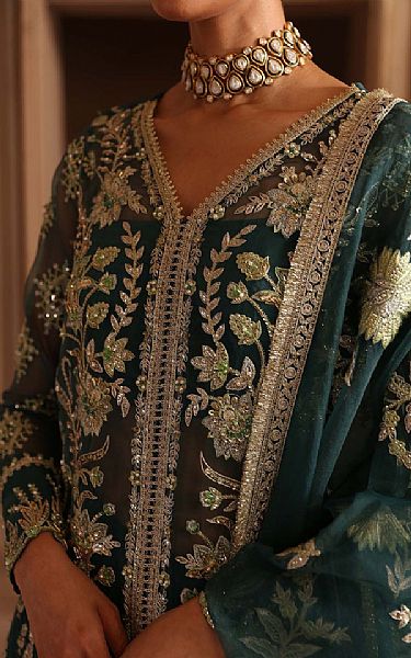 Akbar Aslam Teal Green Organza Suit | Pakistani Embroidered Chiffon Dresses USA- Image 3