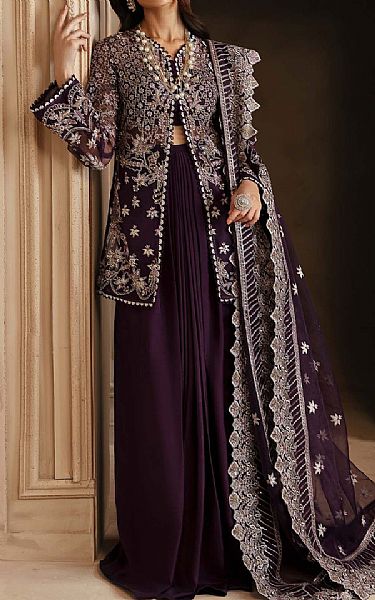 Akbar Aslam Egg Plant Organza Suit | Pakistani Embroidered Chiffon Dresses USA- Image 1