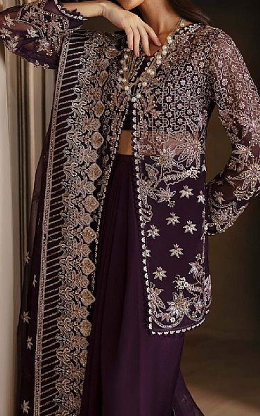 Akbar Aslam Egg Plant Organza Suit | Pakistani Embroidered Chiffon Dresses USA- Image 3