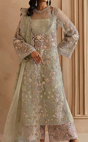 Akbar Aslam Light Green Organza Suit | Pakistani Embroidered Chiffon Dresses USA- Image 1