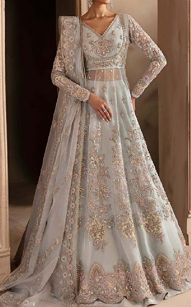 Akbar Aslam Light Blue Organza Suit | Pakistani Embroidered Chiffon Dresses USA- Image 1