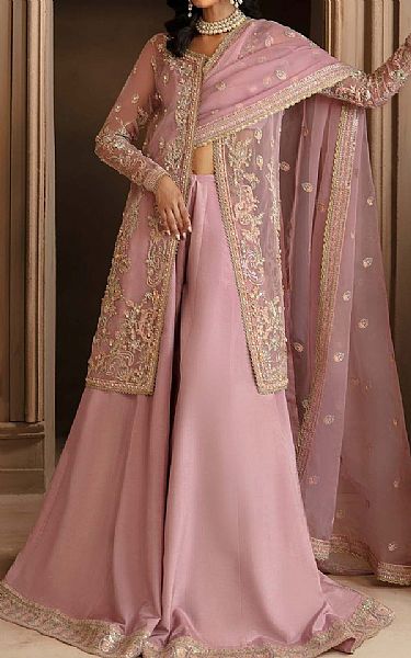 Akbar Aslam Faded Pink Organza Suit | Pakistani Embroidered Chiffon Dresses USA- Image 1