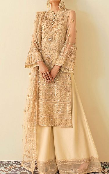 Akbar Aslam Fawn Organza Suit | Pakistani Embroidered Chiffon Dresses USA- Image 1