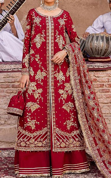 Akbar Aslam Scarlet Silk Suit | Pakistani Embroidered Chiffon Dresses USA- Image 1
