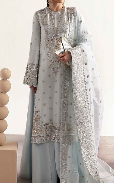 Akbar Aslam Baby Blue Silk Suit | Pakistani Embroidered Chiffon Dresses USA- Image 1