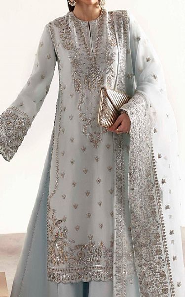 Akbar Aslam Baby Blue Silk Suit | Pakistani Embroidered Chiffon Dresses USA- Image 3