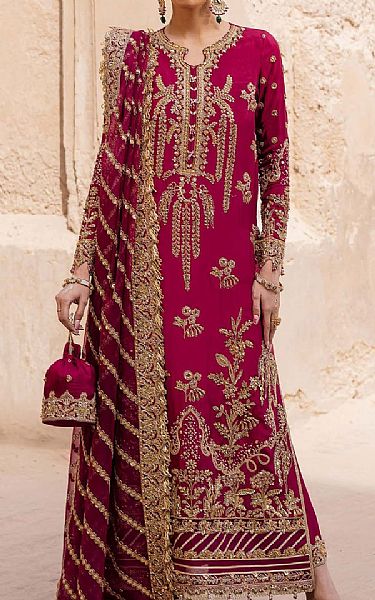 Akbar Aslam Magenta Silk Suit | Pakistani Embroidered Chiffon Dresses USA- Image 1