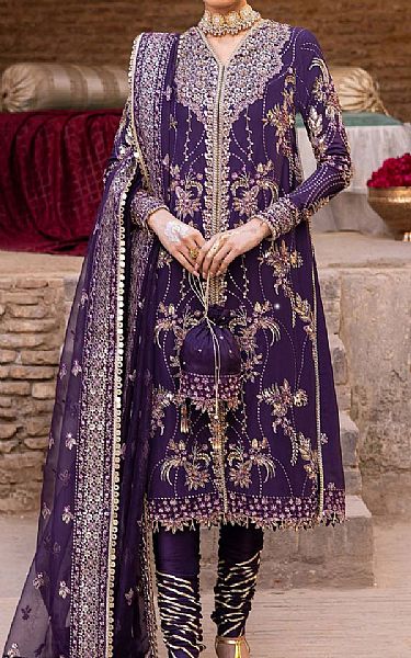 Akbar Aslam Indigo Silk Suit | Pakistani Embroidered Chiffon Dresses USA- Image 1