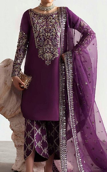 Akbar Aslam Plum Silk Suit | Pakistani Embroidered Chiffon Dresses USA- Image 1