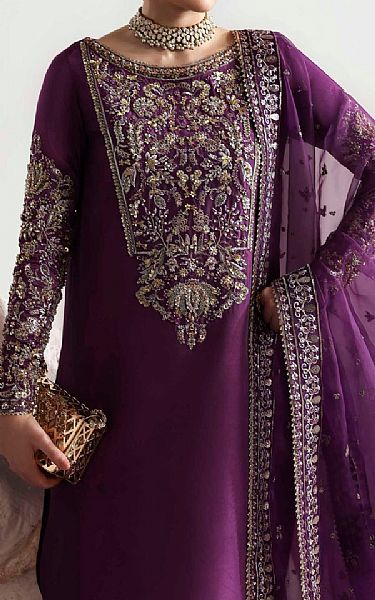 Akbar Aslam Plum Silk Suit | Pakistani Embroidered Chiffon Dresses USA- Image 3