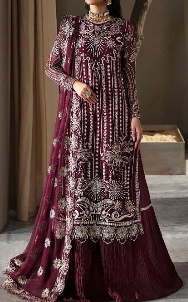 Akbar Aslam Wine Berry Chiffon Suit | Pakistani Embroidered Chiffon Dresses USA- Image 1