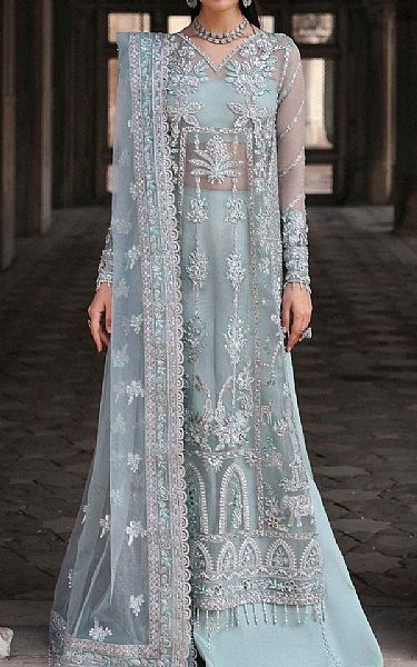 Akbar Aslam Cadet Blue Organza Suit | Pakistani Embroidered Chiffon Dresses USA- Image 1