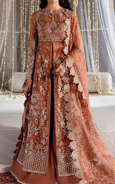 Akbar Aslam Rust Organza Suit | Pakistani Embroidered Chiffon Dresses USA- Image 1