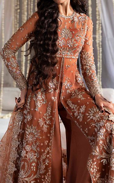 Akbar Aslam Rust Organza Suit | Pakistani Embroidered Chiffon Dresses USA- Image 3