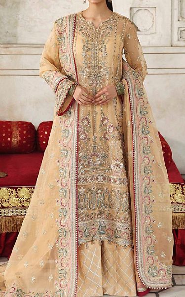 Akbar Aslam Fawn Organza Suit | Pakistani Embroidered Chiffon Dresses USA- Image 1